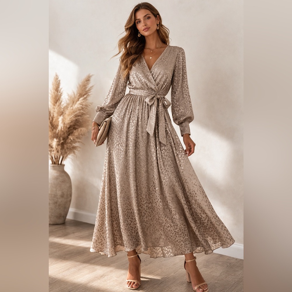 Kate and Lily Taupe Leopard Jacquard Wrap Maxi Dress Size 6